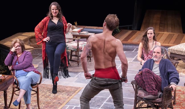 Sherri L. Edelen as Sonia, Grace Gonglewski as Masha, Jefferson Farber as Spike, Rachel Esther Tate as Nina and Eric Hissom as Vanya in Vanya and Sonia and Masha and Spike at Arena Stage (Photo: C. Stanley Photography)