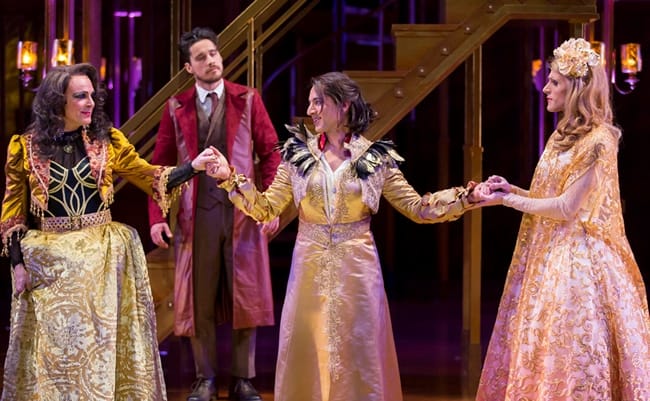 Rick Hammerly as the Contessa, Peter Gadiot as Petruchio, Maulik Pancholy as Katherina, and Oliver Thornton as Bianca in Shakespeare Theatre Company’s production of The Taming of the Shrew (Photo: Scott Suchman)