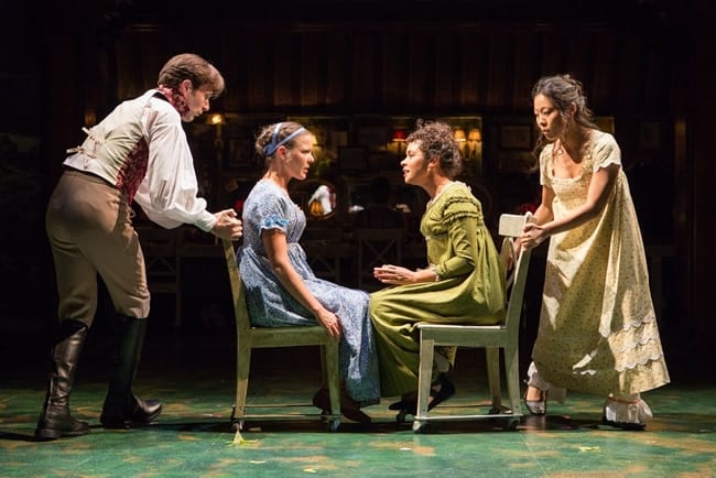 Ready to roll. (seated l-r) Ms. Lucy Steele (Kathryn Tkel, right) confides in her new acquaintance, Elinor Dashwood (Maggie McDowell) with Jacob Fishel and Nicole Kang in Jane Austen’s Sense & Sensibility at Folger Theatre (Photo: Teresa Wood)